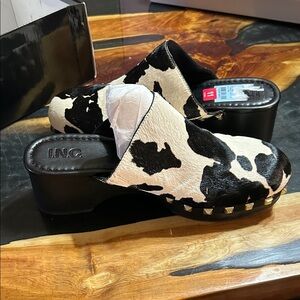 INC Black and White Cow Print Clogs